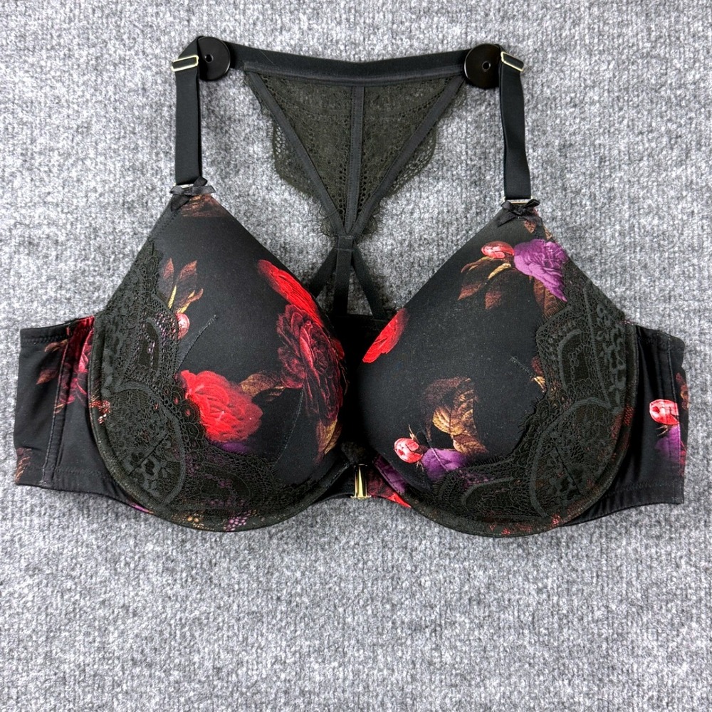 Cacique Floral Lace Racerback Front Close Bra Black Red Purple 48C
